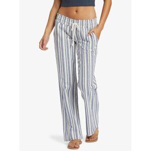 Roxy Women's Oceanside Yarn Dye Pant blue and white striped cotton/linen.